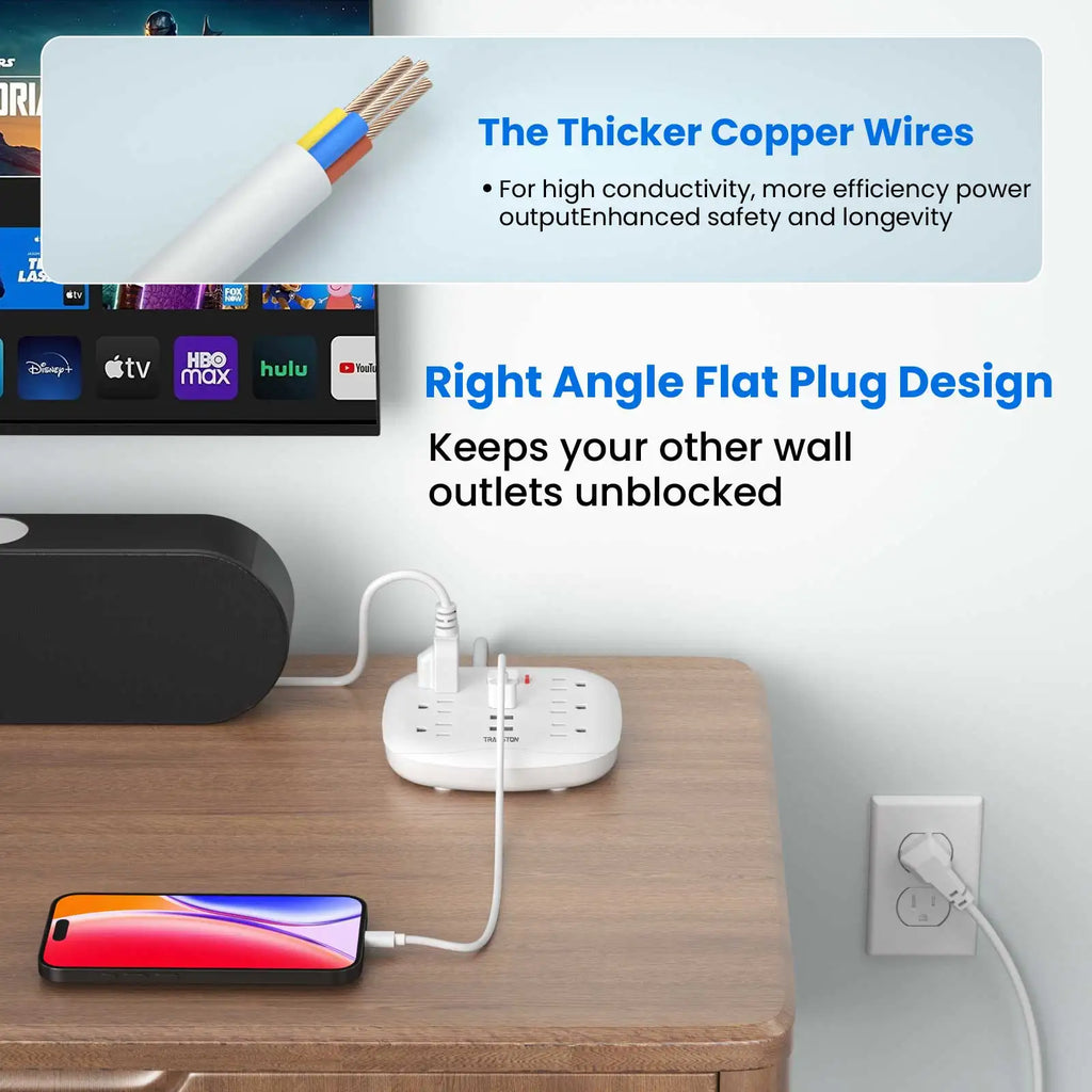 Power Outlet With Surge Protector 6 Power Strip 3 USB Ports With 3ft Extension Cord