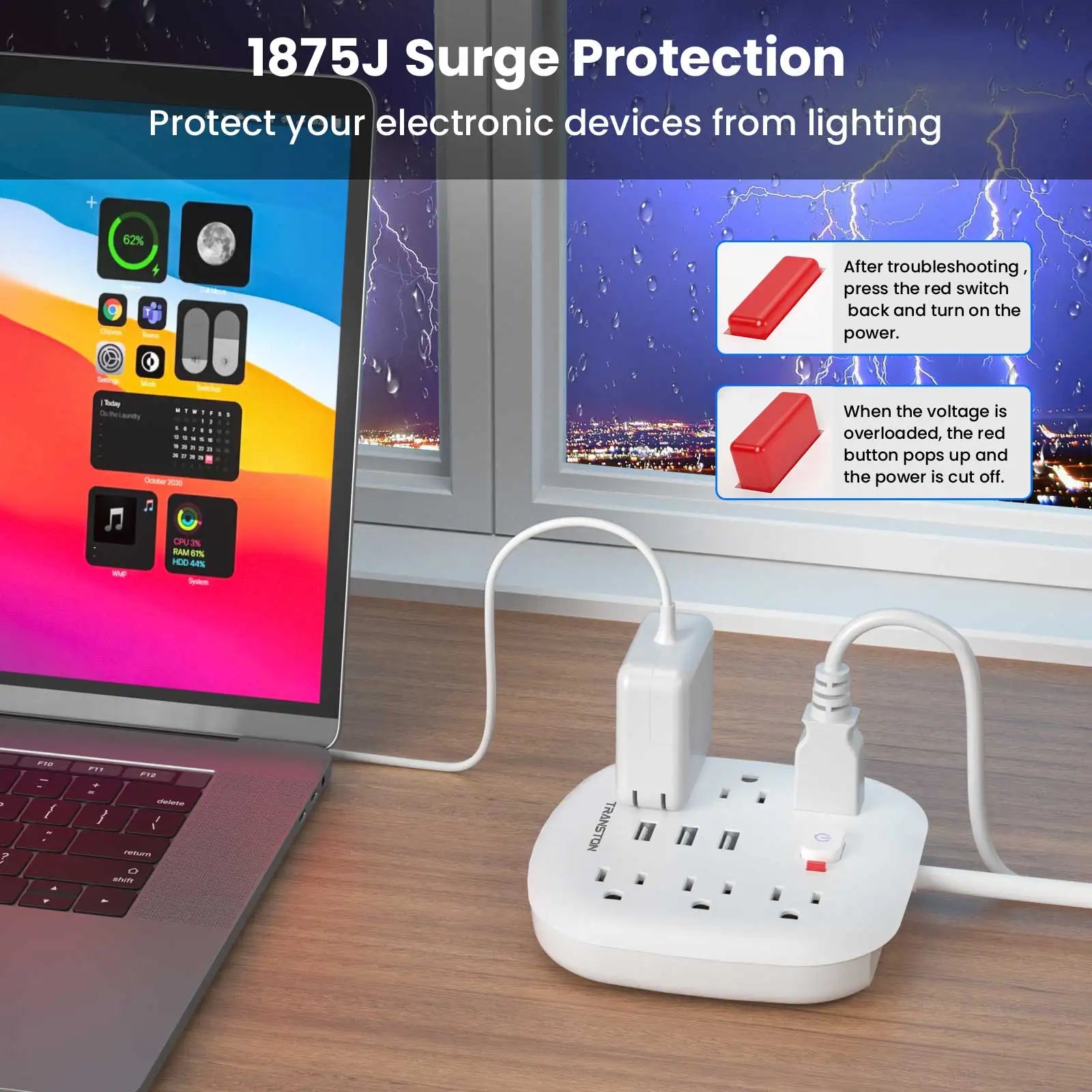 Power Outlet With Surge Protector 6 Power Strip 3 USB Ports With 3ft Extension Cord